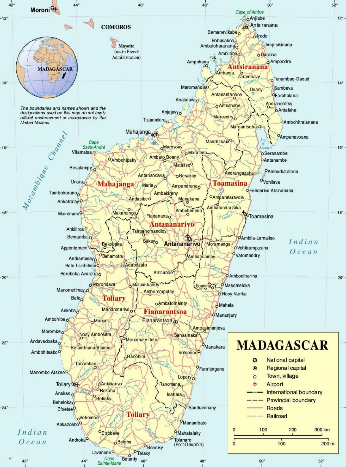 Քարտեզ Մադագասկար քաղաքների հետ